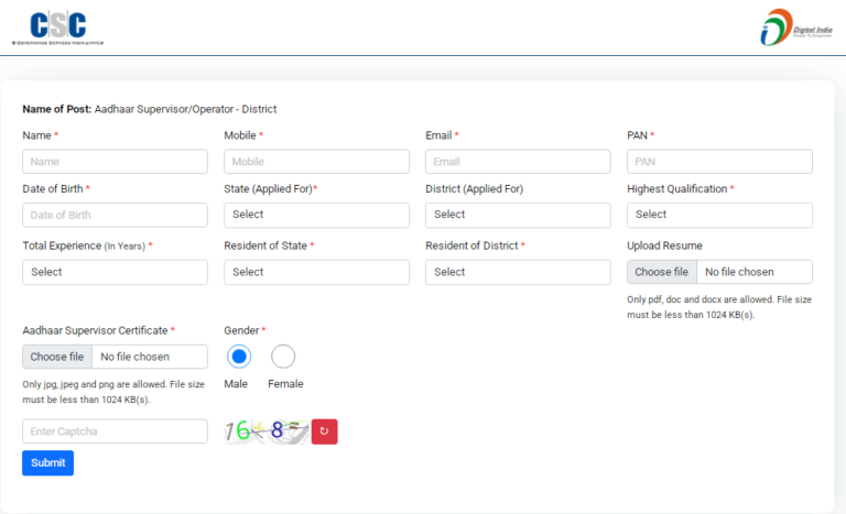 Aadhar Supervisor Online Form 2025